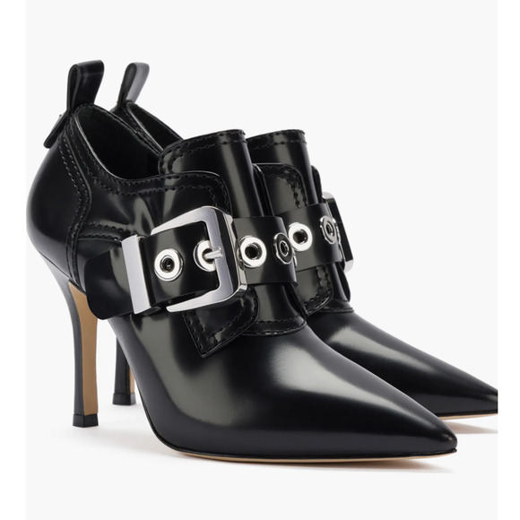 NEW LARROUDE BLACK STEWART LEATHER POINTED TOE BOOTIES BOOTS HEELS SZ 8.5 - Picture 1 of 10